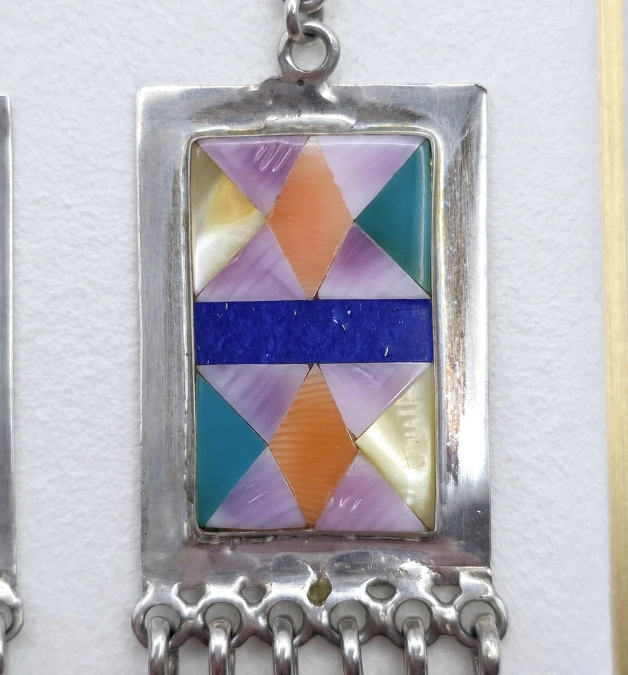 Brincos pendentes geométricos vintage de prata esterlina com incrustação de mosaico nativo americano - Imagem 4 de 4