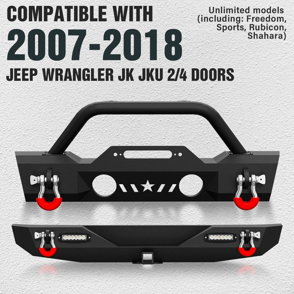 Front /Rear Bumper for 2007-2018 Jeep Wrangler JK JKU Unlimited w/ LED Lights Foto 2 de 4