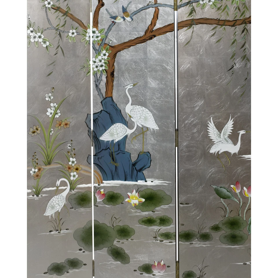 Vendedor de EE. UU. - Grúas de hoja de plata en pantalla de piso asiática Lotus Pond Foto 3 de 3