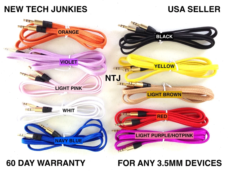 3FT FLAT BRAIDED AUX 3.5mm stereo audio auxiliary cable for iPod iPhone 5 6 plus - Image 2 of 4