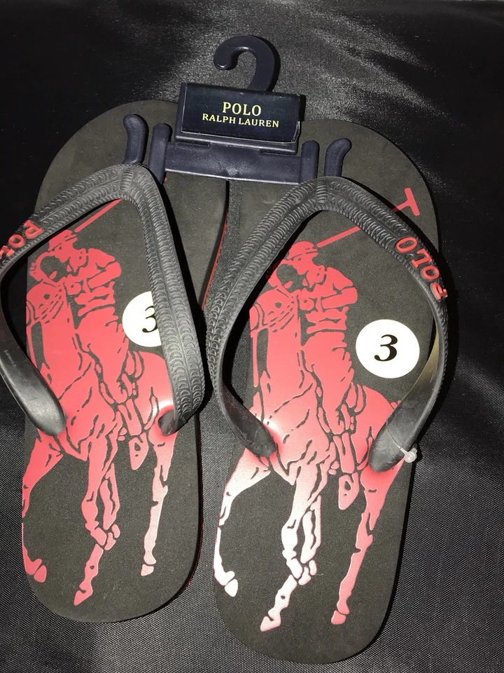 NUEVAS Chanclas Ralph Lauren Logo Negro y Rojo Niños Grandes Talla 2, 3, 4 Nuevas con Etiquetas Foto 2 de 4