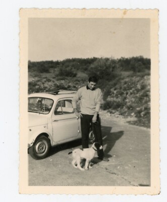 PHOTO SNAPSHOT, vintage car man & dog profile silhouette 1962