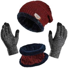 Beanie Hat Winter Warmer Scarf Warmer Neck Thick Knit Skull Cap Touchscree Glove
