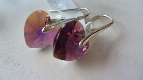 STERLING SILVER  EARRINGS WITH GENUINE SWAROVSKI CRYSTAL HEART AMETHYST AB - Picture 1 of 8