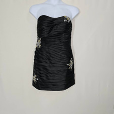 Mori Lee Black Satin Ruched Sheath Embelished Mini Dress Size M