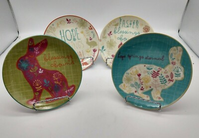 4 Easter Blessings Plates Bunny Ceramic Canape  in box Easter Spring 5 3/4 inch