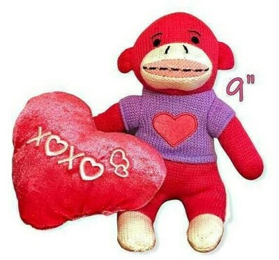 DAN DEE Valentines Sock Monkey Plush Stuffed Animal Pink w Heart