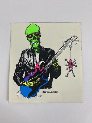 Vintage 91 Wizard Wear Skeleton Guitar Neon Blacklight Sticker 4.75 x 5.5''