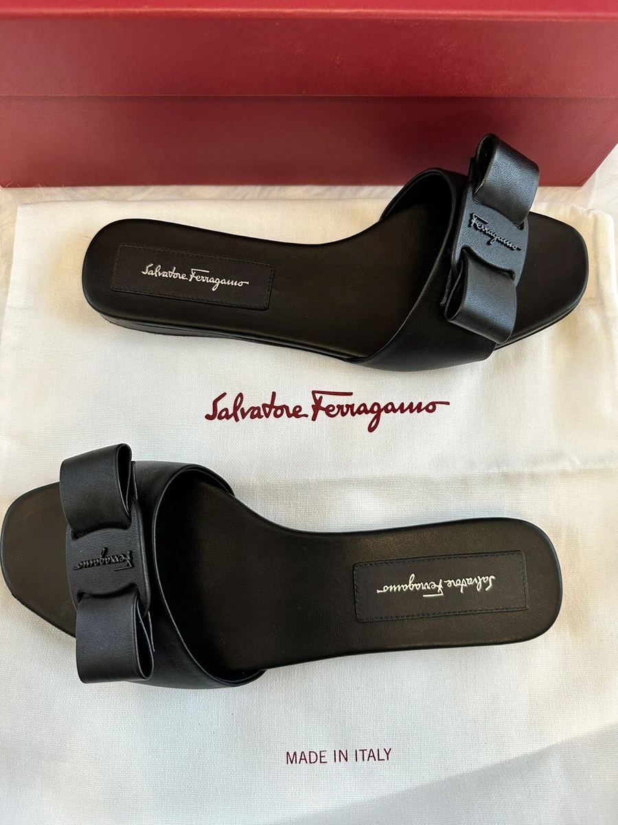 Salvatore Ferragamo Ladies Black Leather Vicky Viva Bow Slide Sandals Size 7