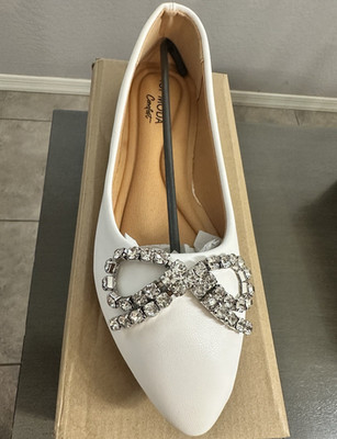 TOP MODA Women's White Comfort Pointed Toe Rhinestone Bow Ballet Flats 8