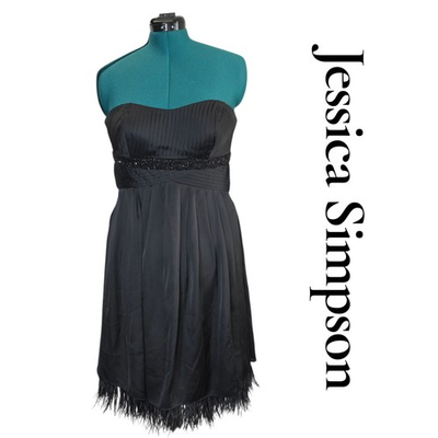 #ad Jessica Simpson Dress Womens 8 Black Polyester Strapless Beaded Feather Cocktail $49.00