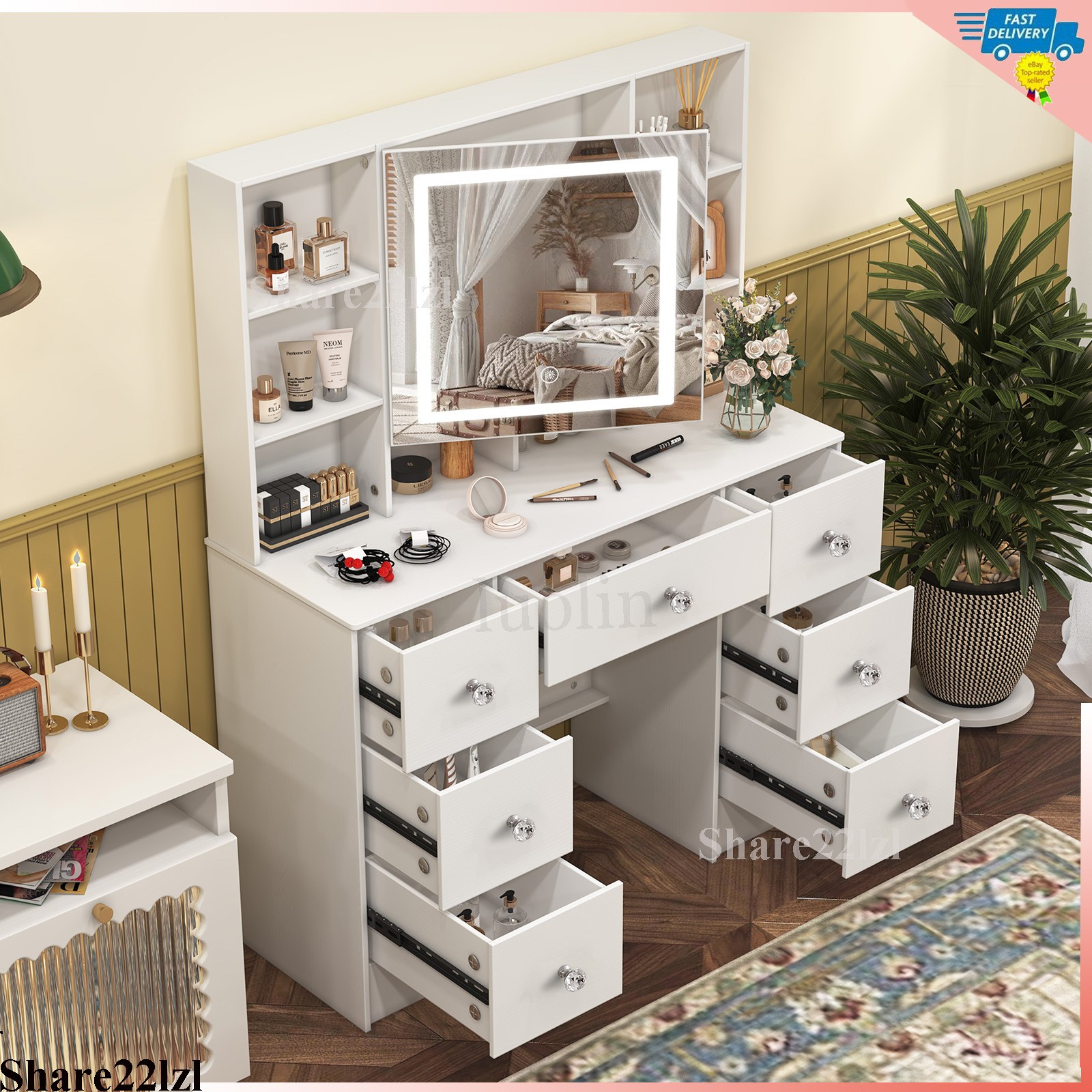 Vanity Set with LED Lighted Mirror Makeup Dressing Table Dresser Desk & 7 Drawer