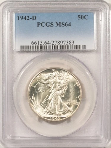 1942-D WALKING LIBERTY HALF DOLLAR - PCGS MS-64, BLAST WHITE!
