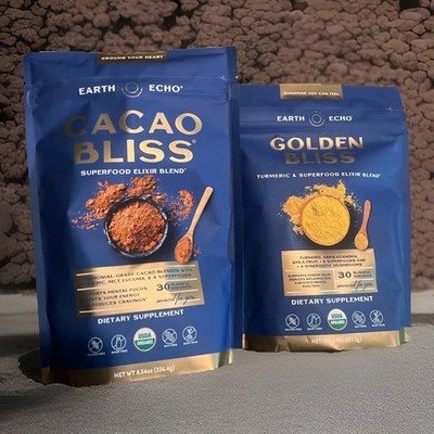 Earth Echo Cacao Bliss 8.34oz & Golden Bliss 4.5  Superfood Elixir Bundle Sealed