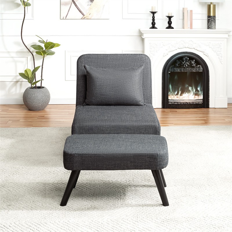 3 in 1 Foldable Linen Chaise Lounge with Adjustable Backrest,Footrest and Pillow