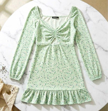 Green Floral Ruched Square Neck Long Sleeve Ruffle Hem Mini Dress - Size 10