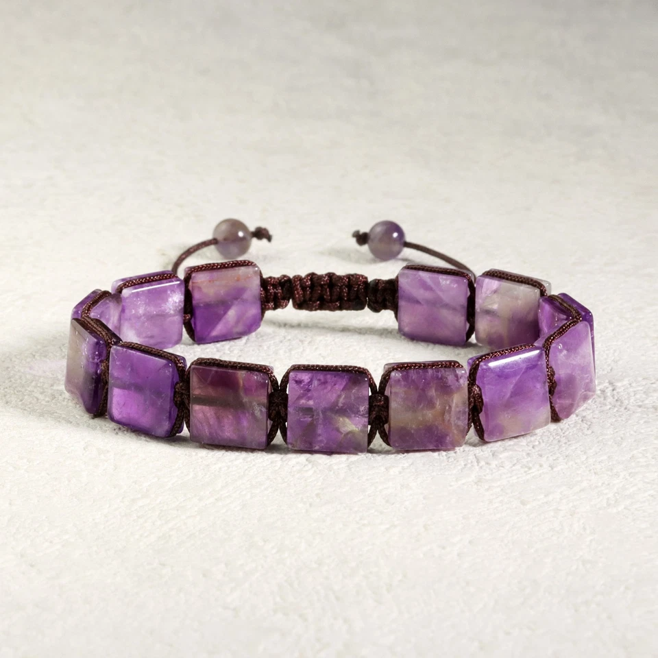 Square Amethyst Bracelet Purple Stone Crystal Adjustable Women Men Jewelry Gift - Image 2 of 4
