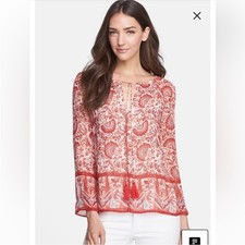 Tory Burch Danika boho floral printed tie neck silk tunic blouse sz 8