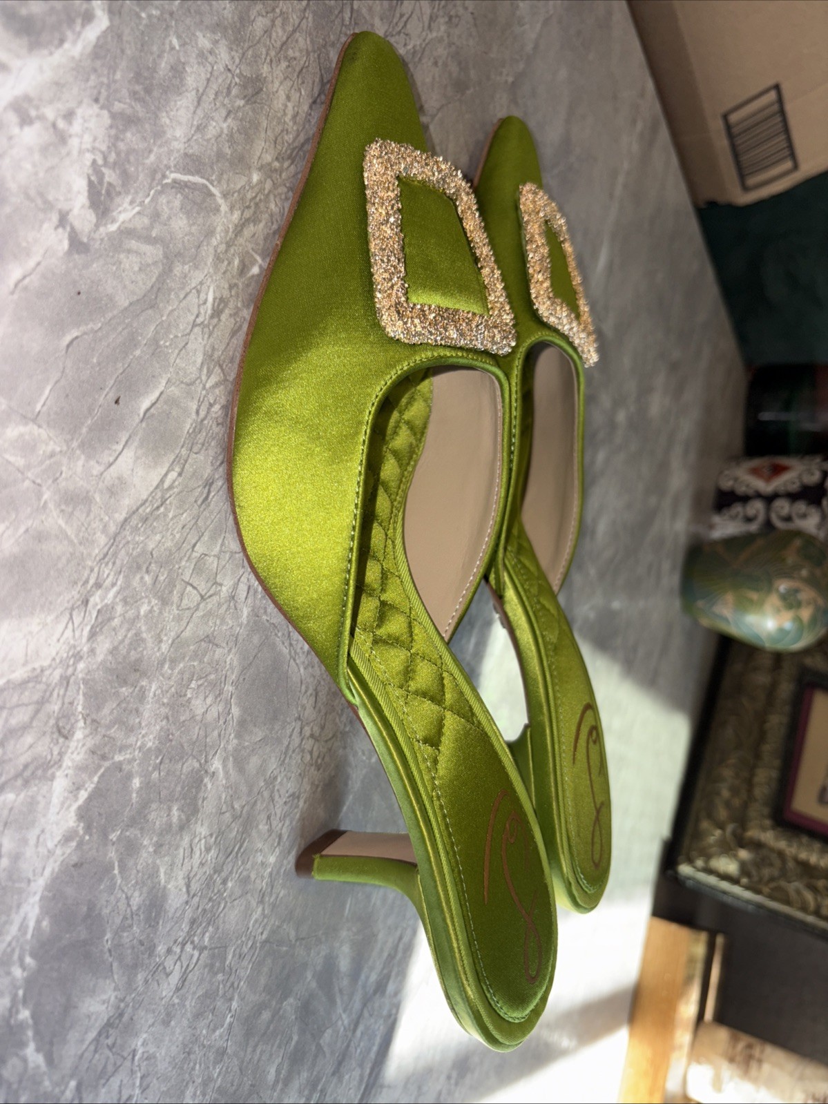 Sam Edelman Brit Glow Lime Green Satin Kitten Heel Mule Size 6.5