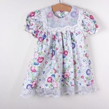 Vintage 90s Anne Savoy Floral Lace Dress Kids 2T White Pink Puff Sleeve Bows