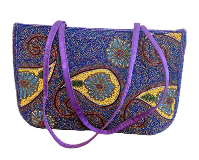 Studio Barse beaded handbag purse with a blue, yellow, black paisley design.