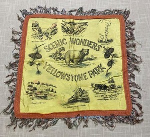 Vintage Souvenir Pillowcase Yellowstone Park Wyoming Fringed Silk 50s MCM