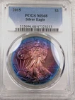 2015 AMERICAN SILVER EAGLE  PCGS MS68  BEAUTIFUL COLORFUL TONING DEEP VIVID BLUE