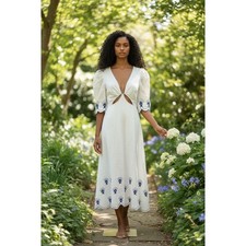 FARM Rio Sea of Fish Ankle Dress NWOT SZ Small Off-White Blue Embroidered Cutout