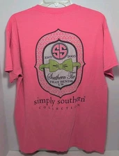 Simply Southern T-Shirt Size Large Pink Short Sleeve Bowtie Preppy Logo