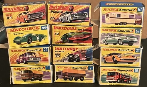 12 USED LESNEY MATCHBOX SUPERFAST EMPTY BOXES 1 2 10 22 25 33 45 52 53 54 55 57