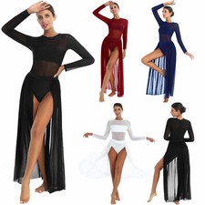 Women's Lyrical Dress Sheer Mesh Leotard Long Mesh Overlay Skirts Dance Costumes