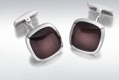 Boutons de manchette Hoxton London Argent Sterling Œil-de-chat Marron Carré - Photo 1/2