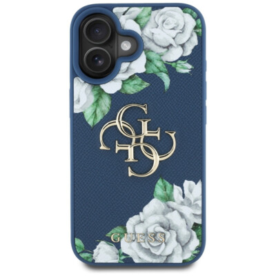 Guess iPhone 16 Hülle Case Cover Grained Roses 4G Big Metal Logo blue