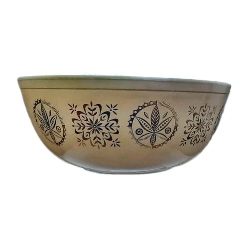 Vintage Pyrex 4 Qt. Tan Gold Hex Signs Promotional Mixing Bowl 1960s Beige 404