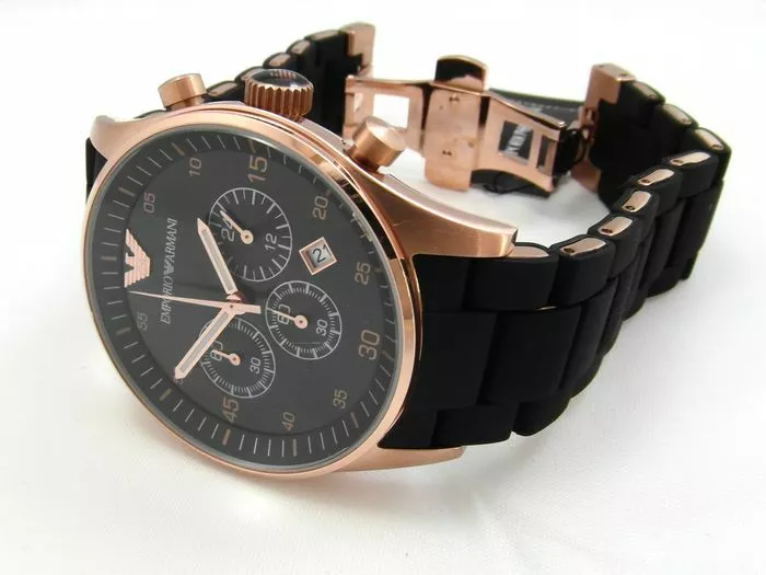 New Emporio Armani AR5905 Mens Black Silicone Rubber Rose Gold Chronoraph Watch