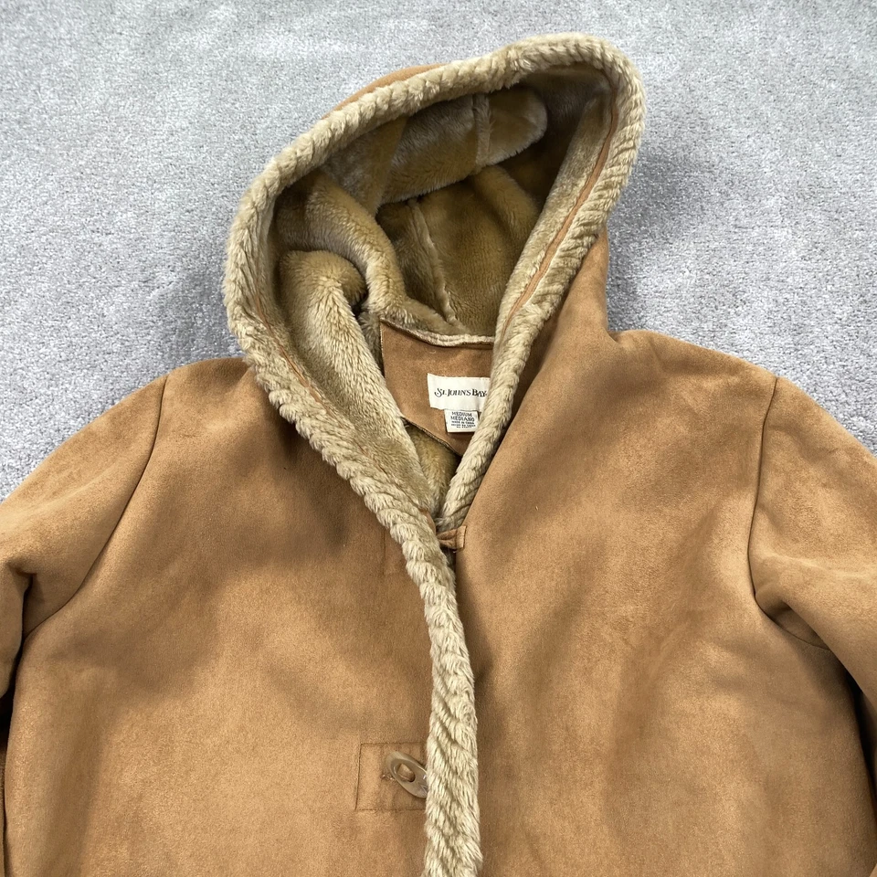 St. John's Bay Bohemian Faux Fur Trim Suede Toggle Hooded Coat Womens Size M Tan - Image 3 of 4
