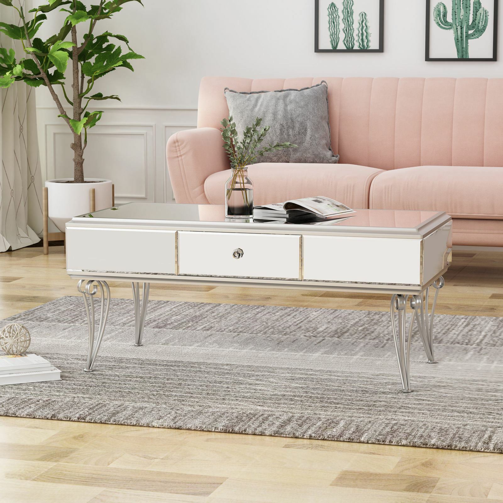 Ophelia Modern Mirrored Coffee Table with Drawer, Tempered Glass