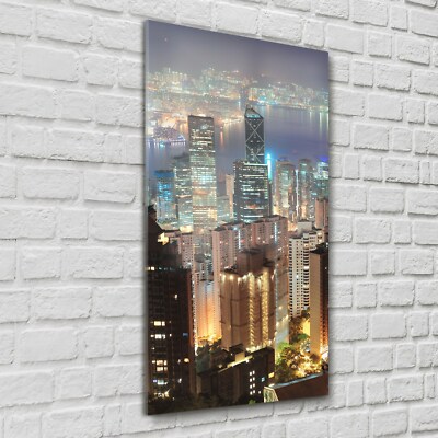 Glasbilder Wandbild Glasfoto Küche HongKong bei Nacht Stadtbild Fluss 60x120