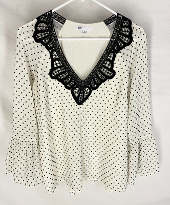 DANIEL RAINN DR2 Stitch Fix Blouse Polka Dot Crochet Bell Sleeve Top Ivory S