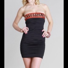 New Black Ruched Strapless Dress with Colorful Band by Nikibiki