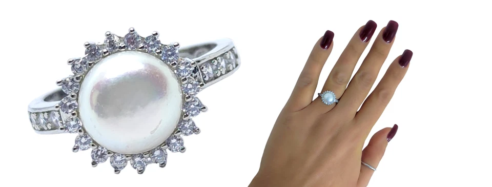 Anello donna argento 925 con perla naturale e zirconi bianchi solitario fascia - Immagine 3 di 4