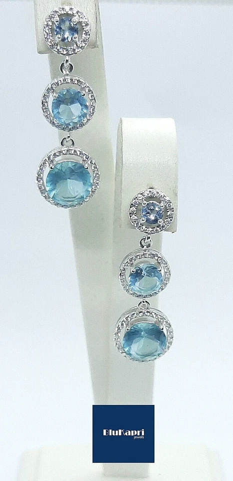 Orecchini lunghi pendenti Donna in Argento 925 con zirconi bianchi e acquamarina - Immagine 4 di 4