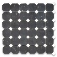 N805XH Nero Marquina Black Marble 2" Octagon Mosaic Tile Thassos White Honed