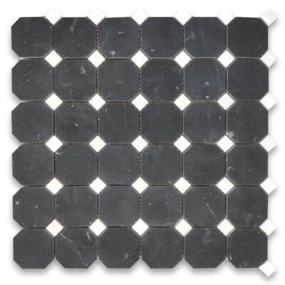 N805XH Nero Marquina Black Marble 2'' Octagon Mosaic Tile Thassos White Honed