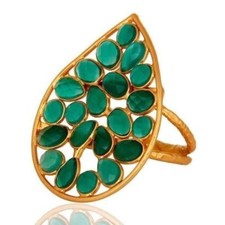 925 Sterling Silver Natural Green Onyx Fashion Ring 18K Gold Plated Jewelry
