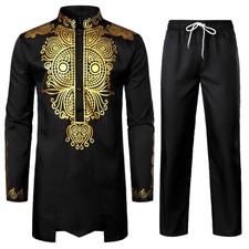 LucMatton Men's African Attire 2 Piece Set Long Sleeve Gold Foil Printing Das...