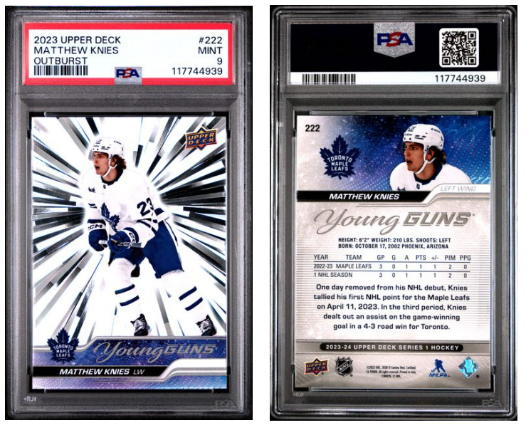 2023-24 Upper Deck #222 Matthew Knies Young Guns RC Silver Outburst - PSA 9