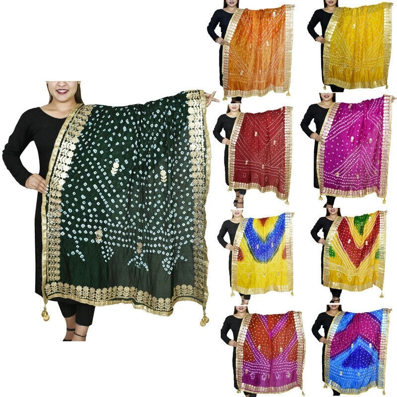 Dyed Bandhani Dupatta Gotta Patti Silk Chunni Stole Long Lightweight Shawl Hijab