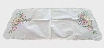 Vtg Handcrafted Cross-Stitch Table Runner w Floral Basket Design Crochet Edging