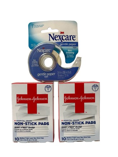 2 Johnson & Johnson First Aid Sterile Non-Stick Pads & 3M Nexcare Gentle Paper - Picture 2 of 7